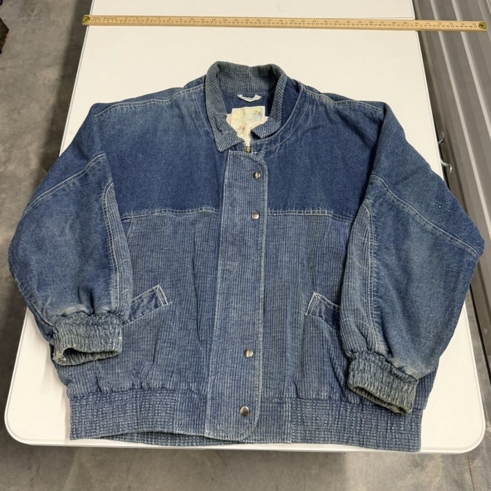 Vintage‎ 80s Gitano Denim Corduroy Bomber Jacket Blue Mixed Texture Snap Front